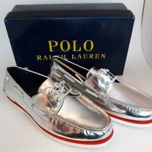 Polo Ralph Lauren Silver Boat Shoes Merton Size 10 D NEW New in Box